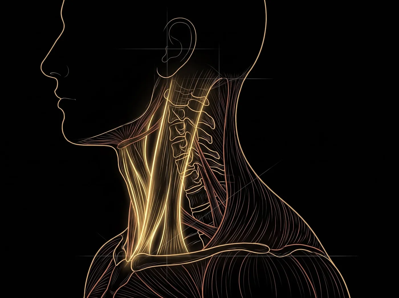 Disegno anatomico a linee d'oro: a sinistra il collo di profilo con i muscoli profondi accesi, a destra due sagome, di fronte e di profilo, con la gobba alla base del collo illuminata.