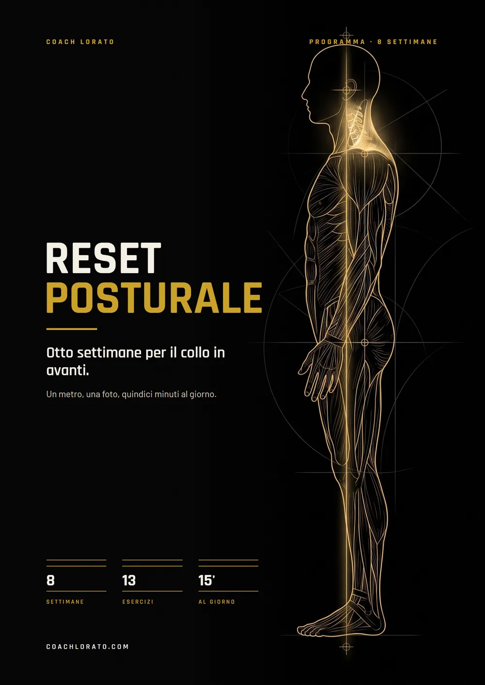 Copertina del Reset Posturale: titolo in grande, una sagoma anatomica a linee d'oro in profilo su fondo nero, e tre numeri: 8 settimane, 13 esercizi, 15 minuti al giorno.