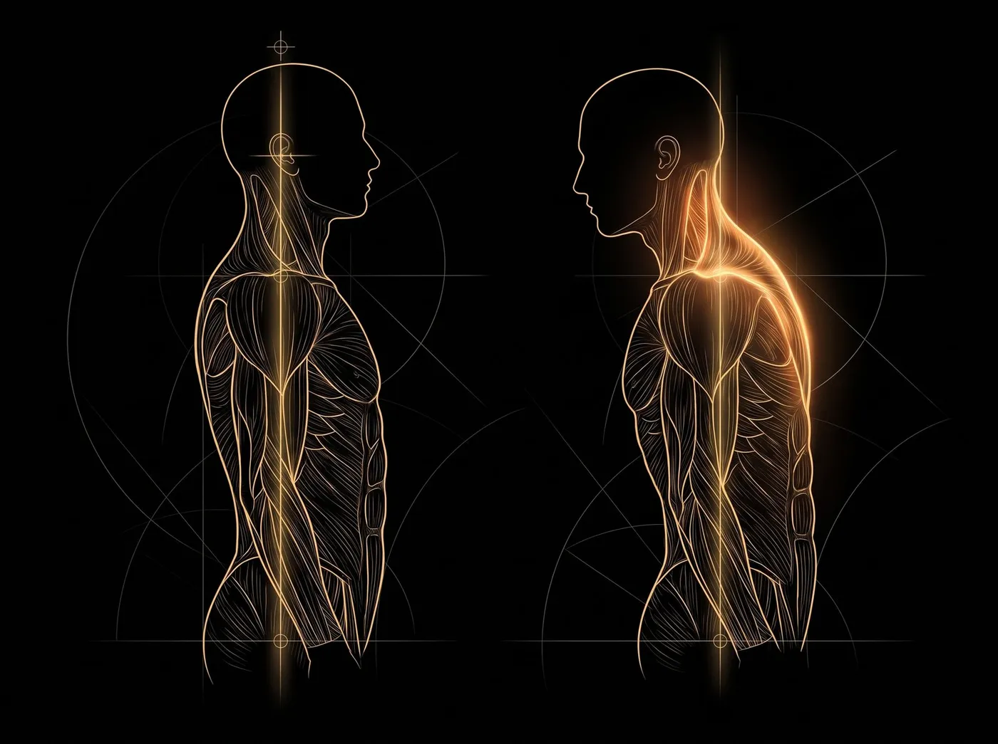 Due sagome in profilo a confronto: a sinistra la testa è allineata sopra le spalle, a destra è in avanti e la gobba alla base del collo è accesa in oro.