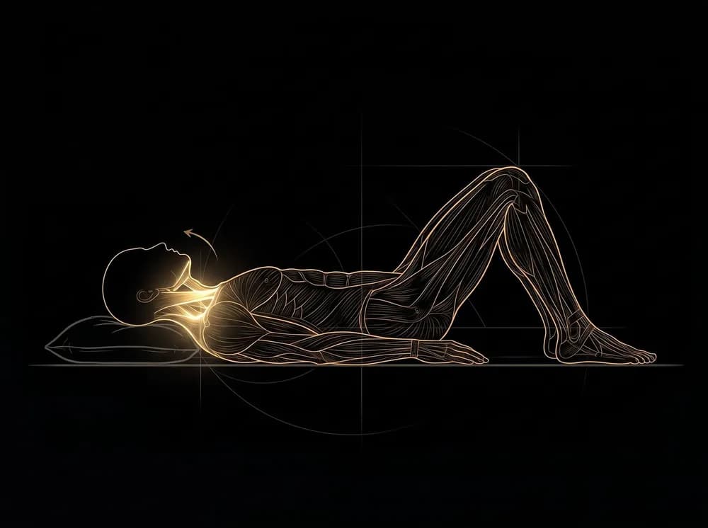 Una sagoma d'oro sdraiata a pancia in su su un cuscino basso, le gambe piegate, il collo acceso.