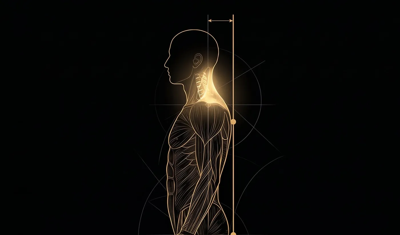 Una sagoma in linee d'oro sta in piedi con la schiena appoggiata a un muro, la testa in asse con una linea verticale.
