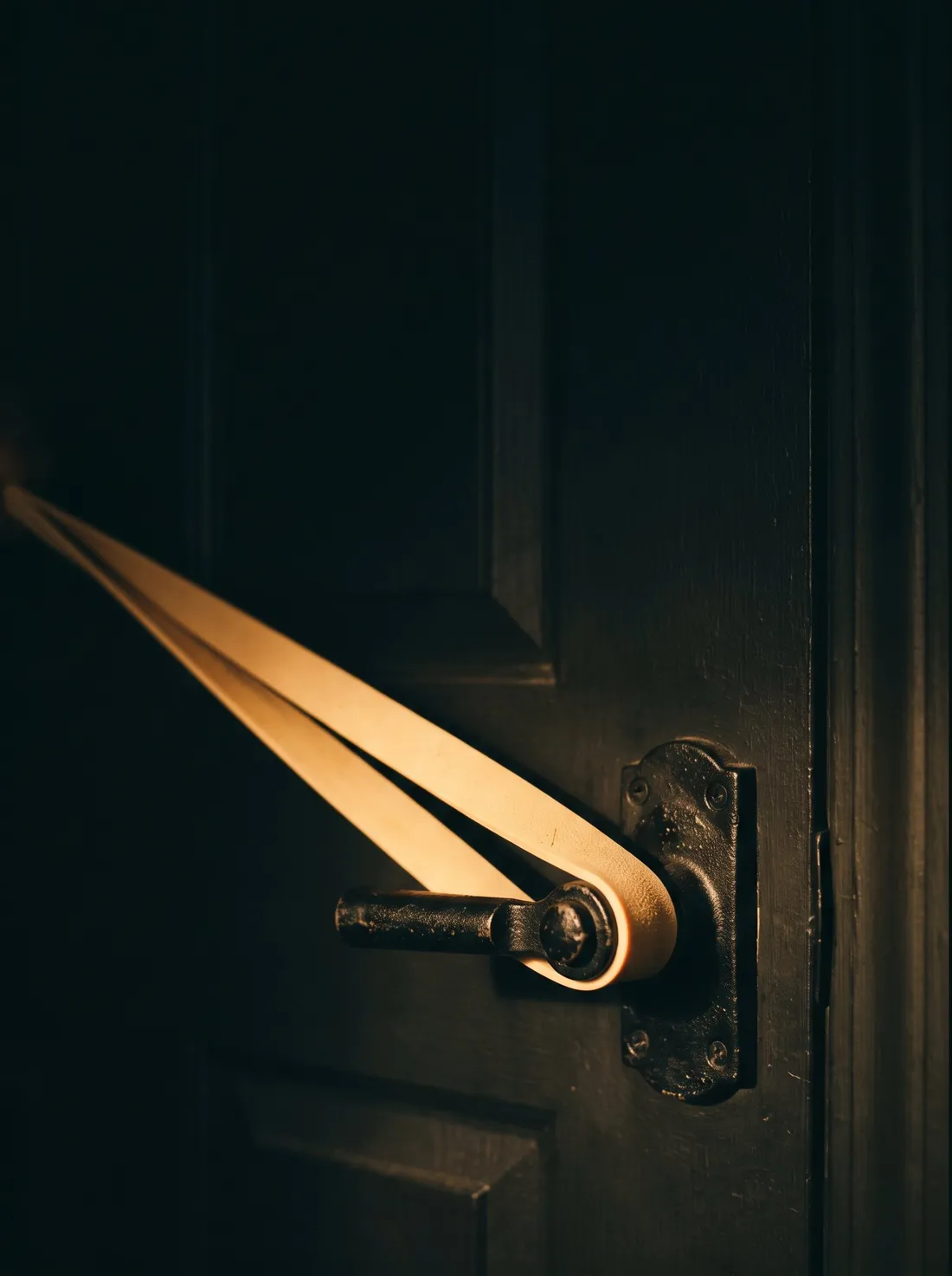 Un elastico agganciato alla maniglia di una porta, in luce calda su fondo scuro.