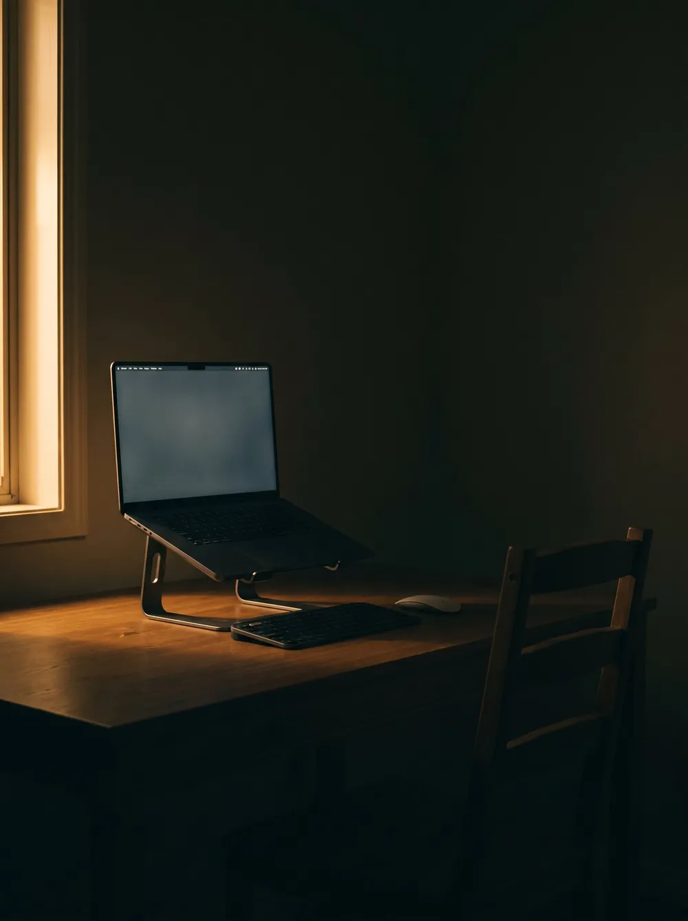 Una scrivania con il portatile su un supporto rialzato, in luce calda su fondo scuro.