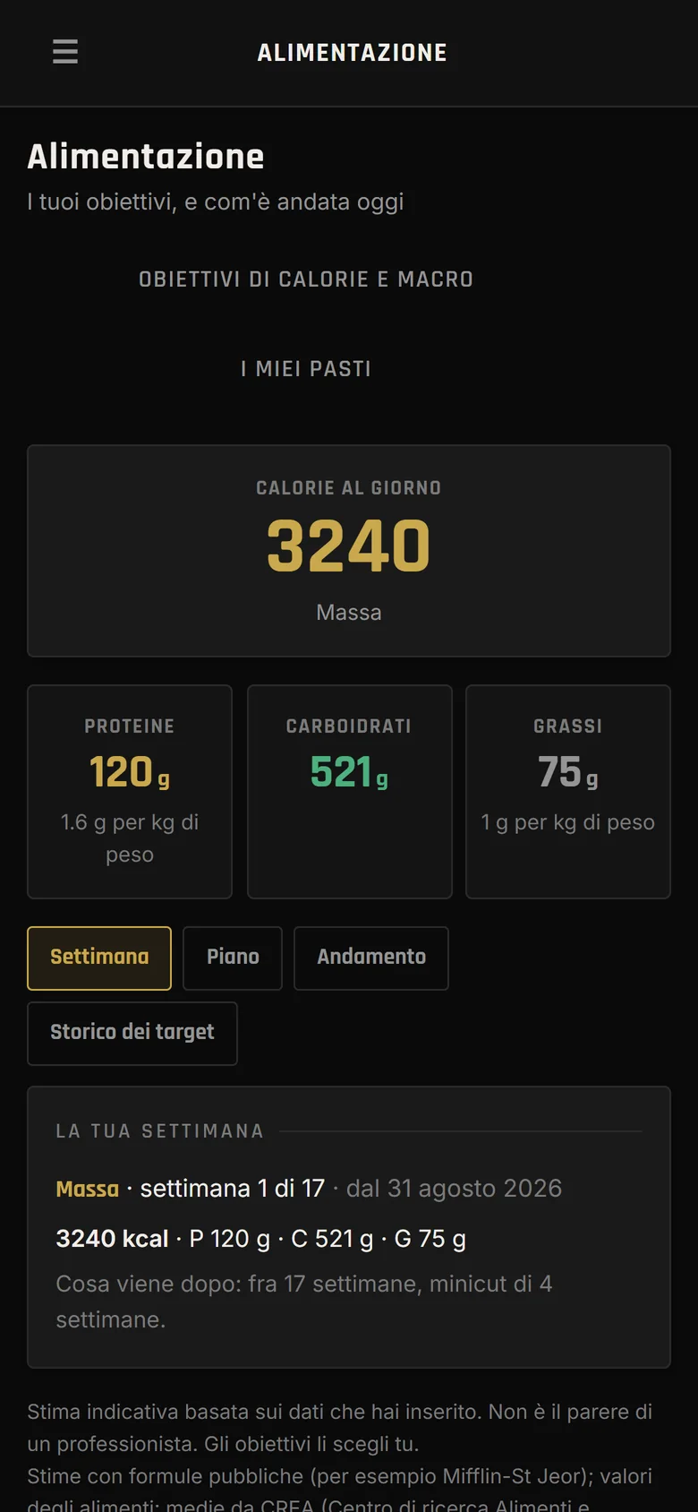 La schermata Alimentazione di Cromes: le calorie al giorno, 3240 in fase di massa, con proteine, carboidrati e grassi in grammi; sotto, «La tua settimana», con la fase, la settimana 1 di 17 e cosa viene dopo.