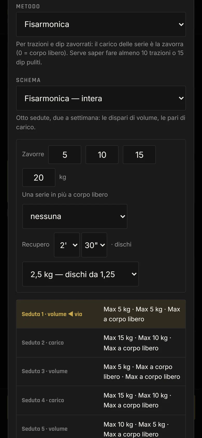 L'impostazione della Fisarmonica in Cromes, sulle dip alle parallele con la zavorra: lo schema intero di otto sedute, due a settimana, le dispari di volume e le pari di carico, le zavorre da 5, 10, 15 e 20 kg, il recupero di 2 minuti e 30 secondi, il passo dei dischi da 2,5 kg con i dischi da 1,25, e sotto le prime cinque sedute con le loro serie.